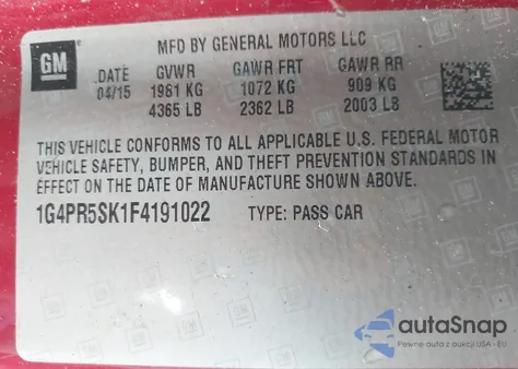 2015 Buick Verano Convenience Group from USA, damaged, VIN 1G4PR5SK1F4191022